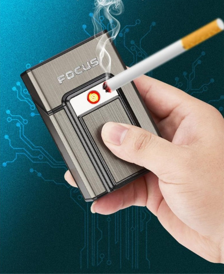 Titanium Grey Metal Cigarette Case with Front Electric Lighter