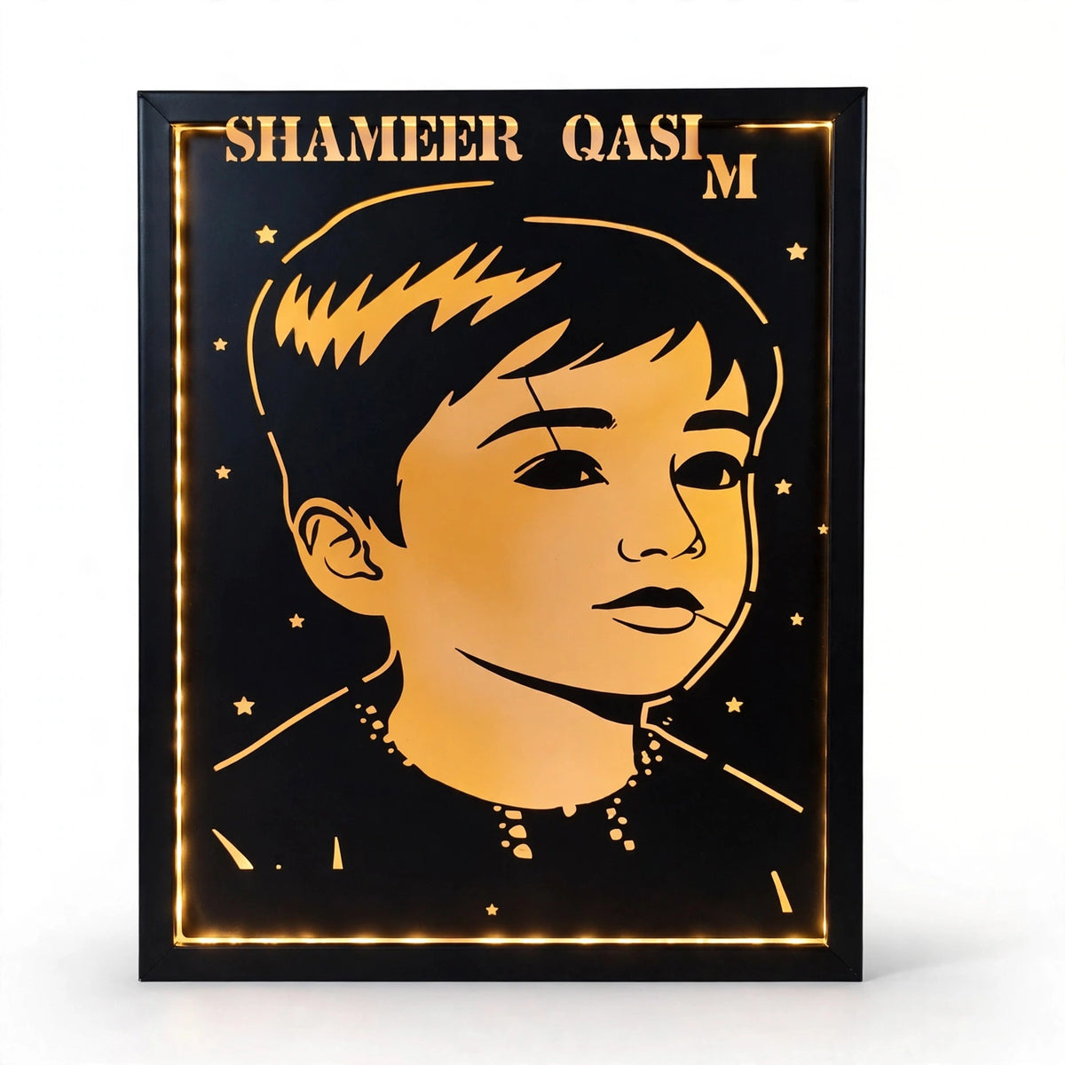 Custom LED Wall Frame – Black Steel Cutting Portrait Frame with Warm LED Light | Personalized Name & Photo Frame