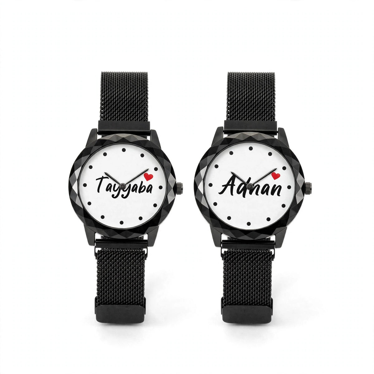 Customized Couple Watches with Names – Black Magnetic Chain 2 Pcs Gift Set