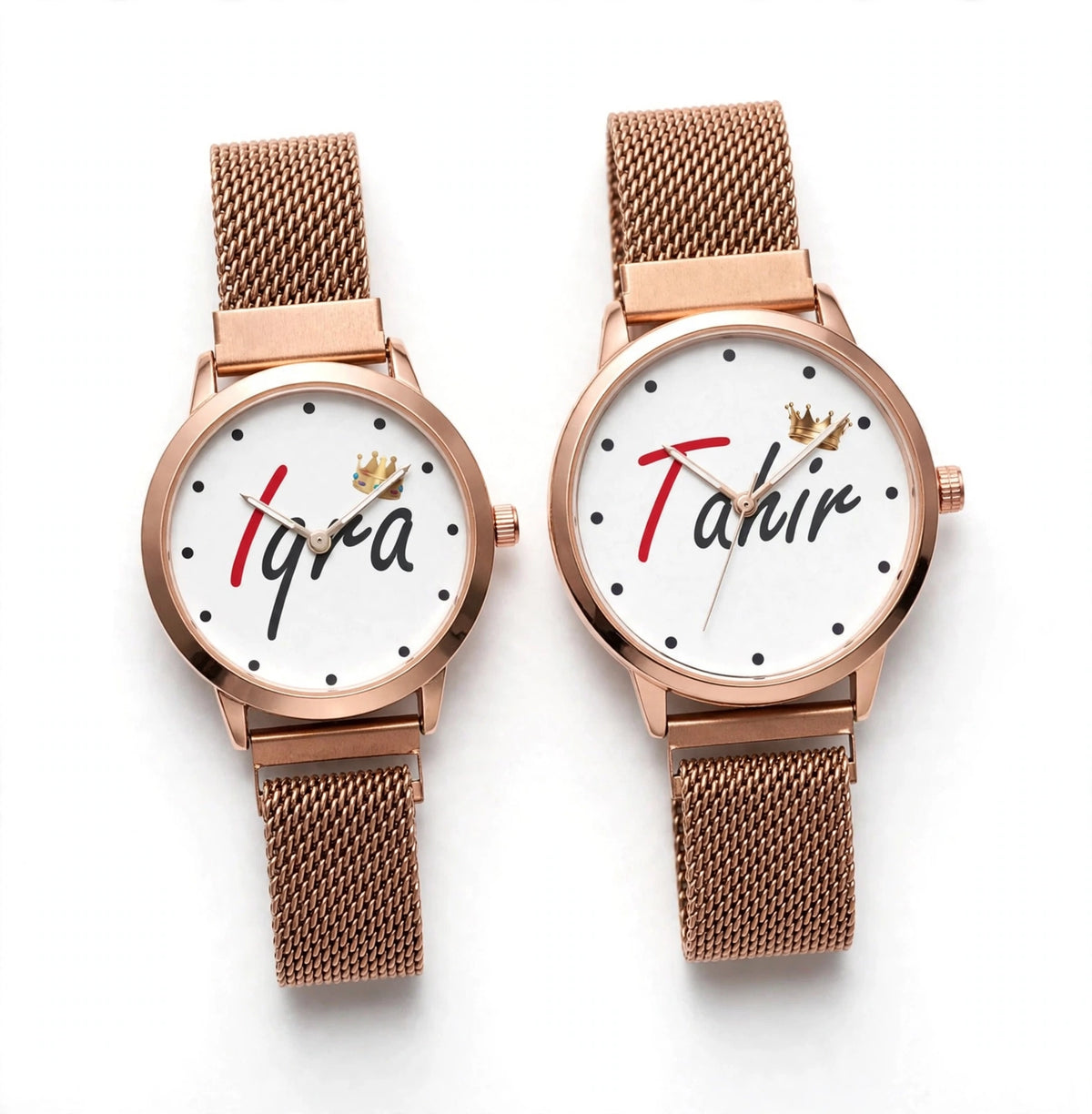 Customized Couple Watches with Names – Gold Mesh Chain 2 Pcs Gift Box Set