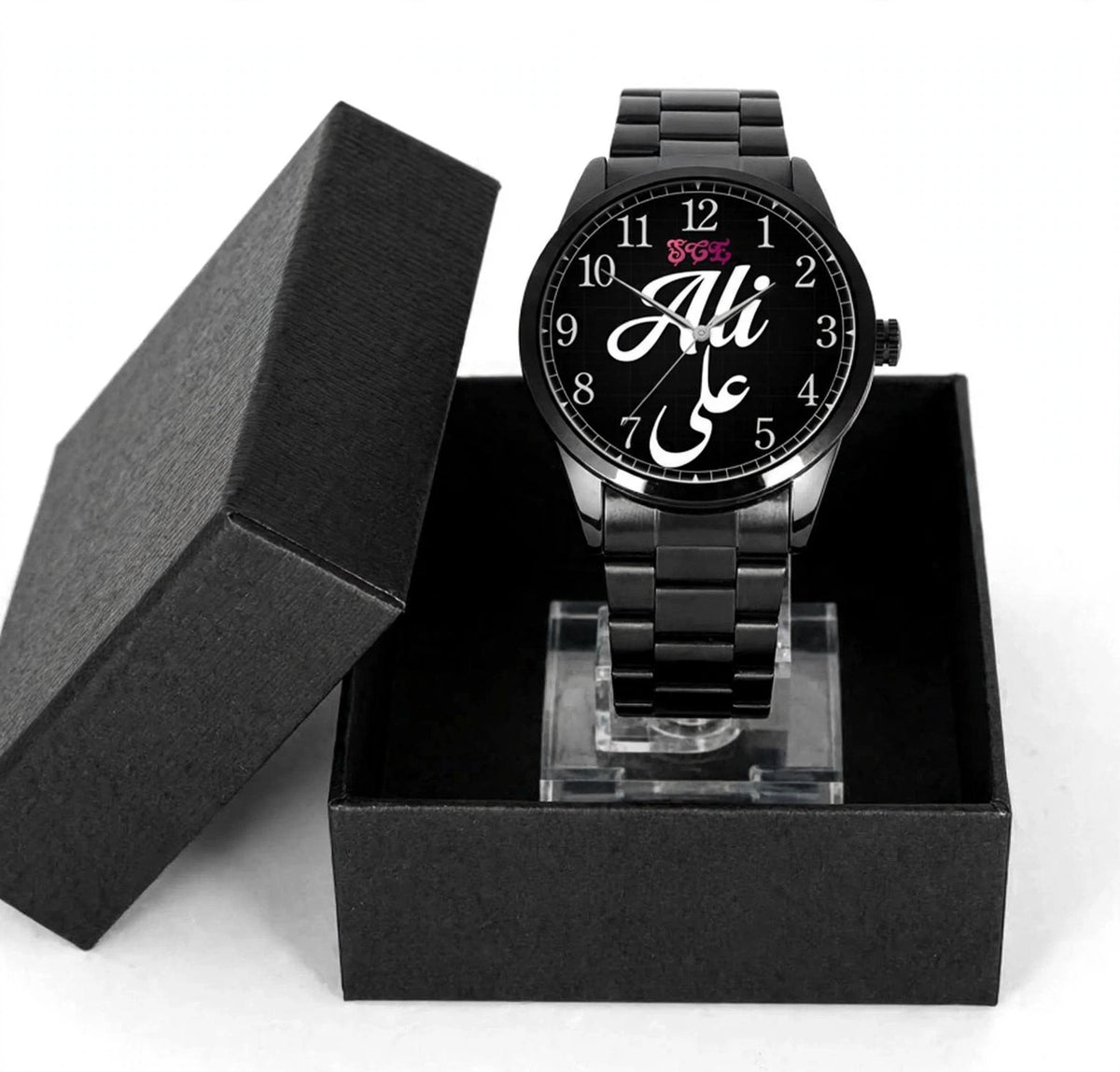 Customized Metal Chain Hand Watch – Black | Personalized Watch with Display Stand