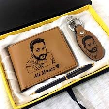 Custom Picture And Name Wallet Keychain And Pen With Gift Box - In Camel Color
