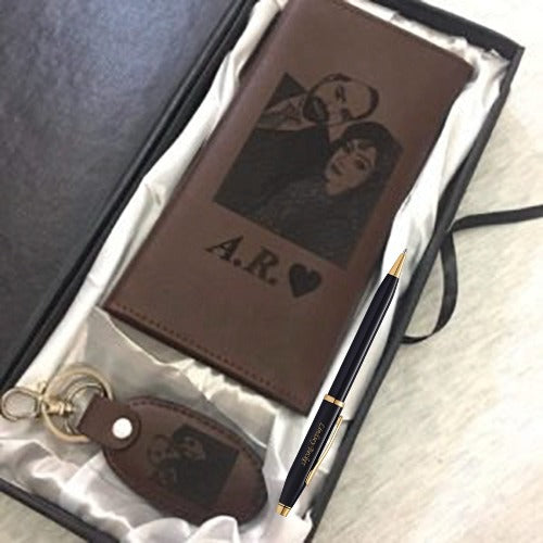 Picture And Name Long Wallet With Keychain And Pen With Gift Box - In Brown Color