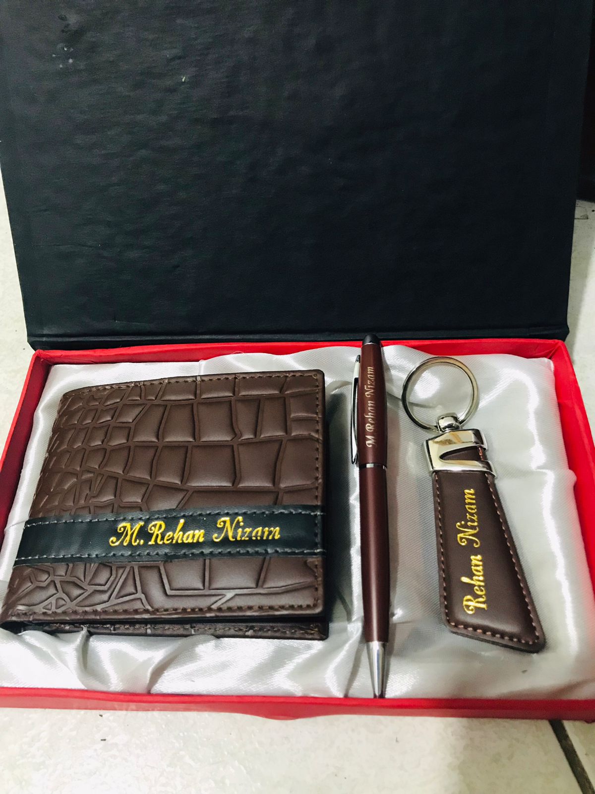 Name Printed Wallet Keychain And Pen - With Gift Box