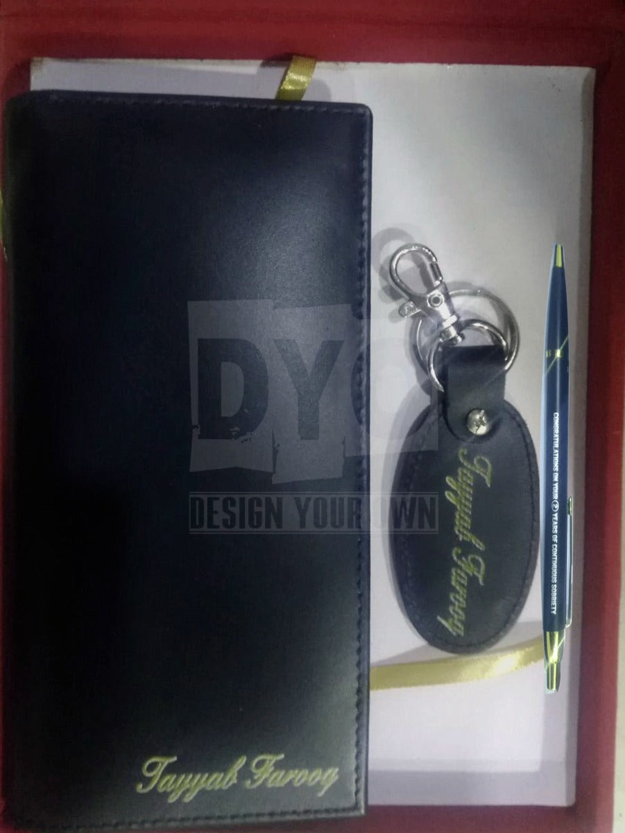 Name And Long Wallet Keychain And Pen With Gift Box – In Black Color