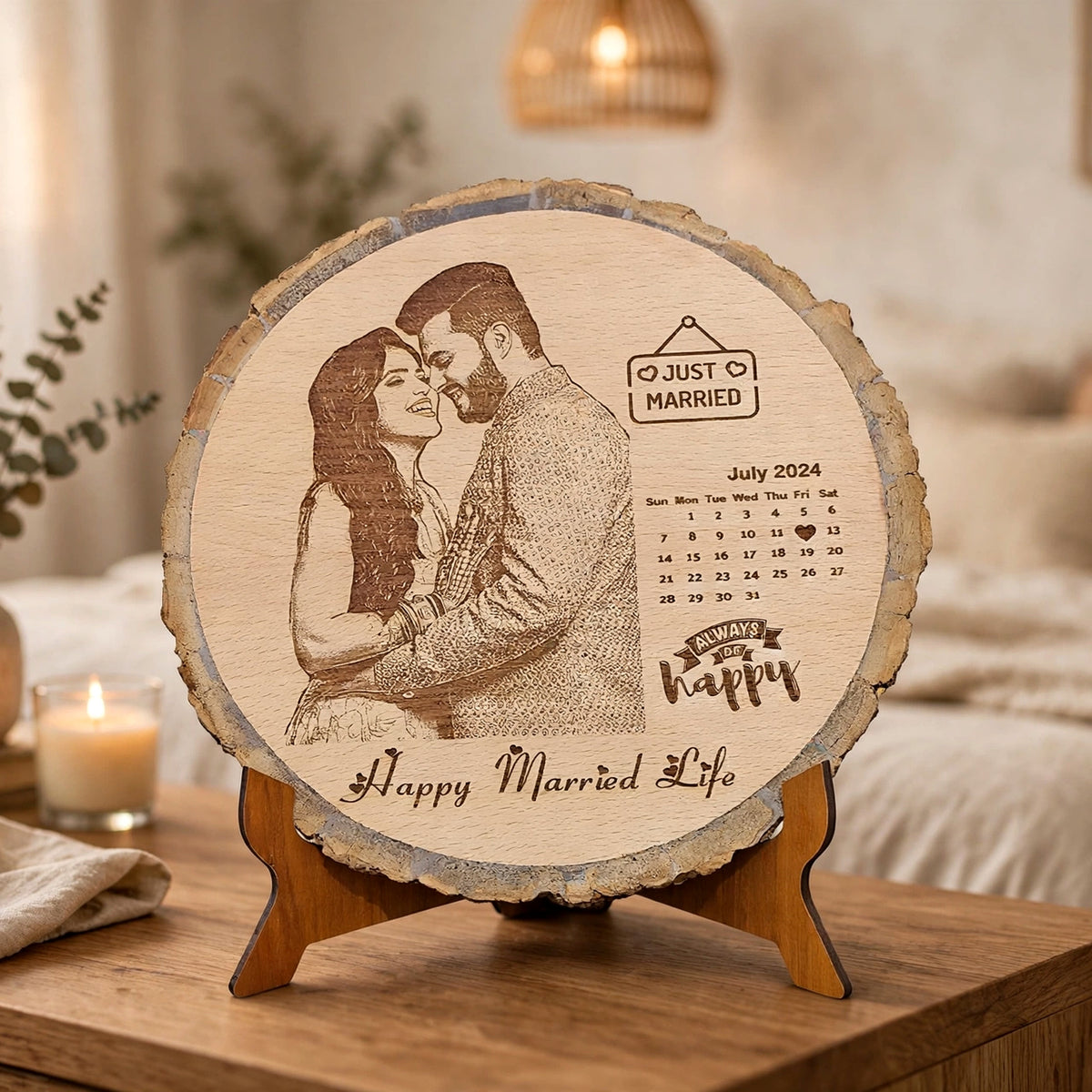 Personalized Engraved Wooden Slice Frame with Stand – Custom Photo Calendar Gift
