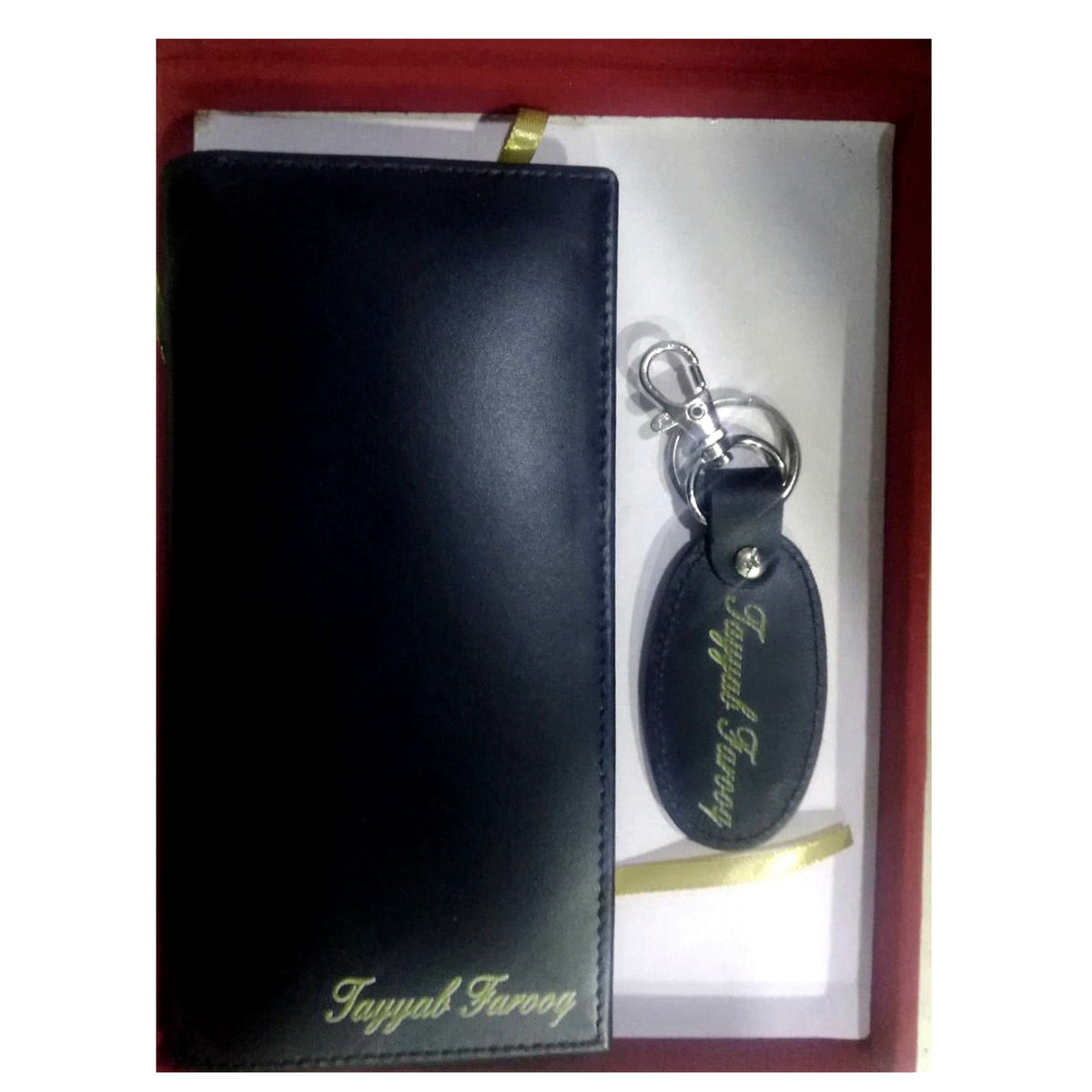 Name And Long Wallet And Keychain With Gift Box – In Black Color