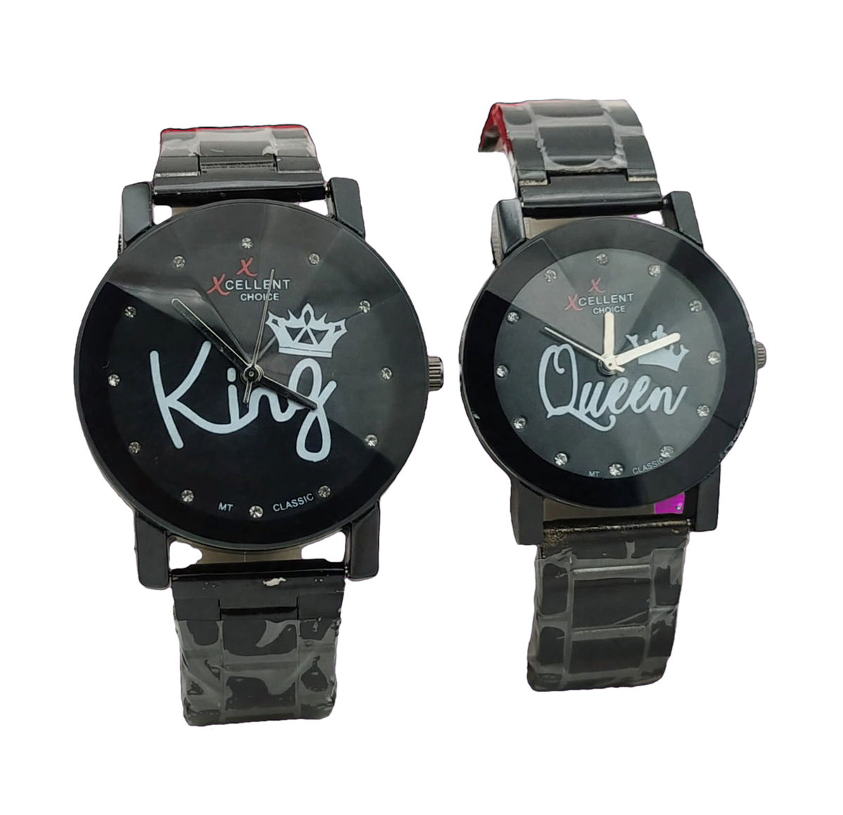 Personalized Couple Metal Chain Watches – Black Pair with Stand | His & Hers Pakistan