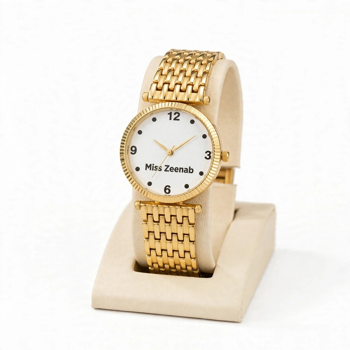 Customized Gold Metal Chain Hand Watch for Men & Women – Personalized Watch with Stand