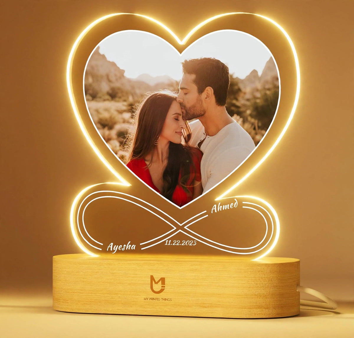 Personalized Infinity Heart Photo LED Lamp with Name & Date | Customized Couple Gif