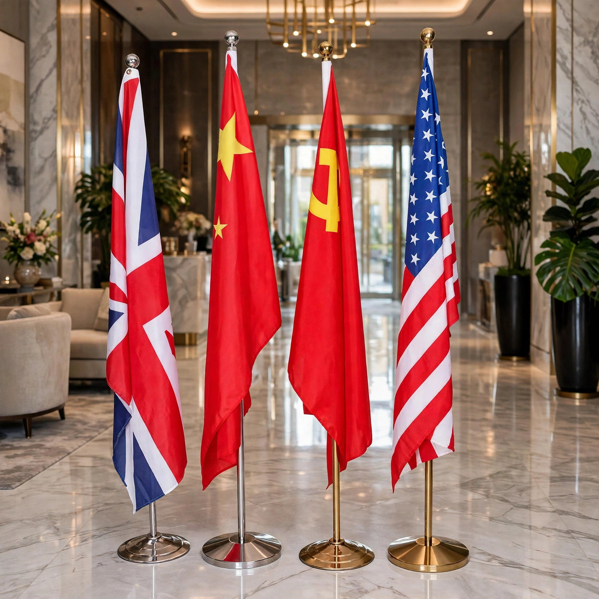 Customized Floor Flag with Stand β Indoor Standing Flag | National Flags with Stainless Steel / Gold Pole for Office, Conference Hall & Embassy Decor