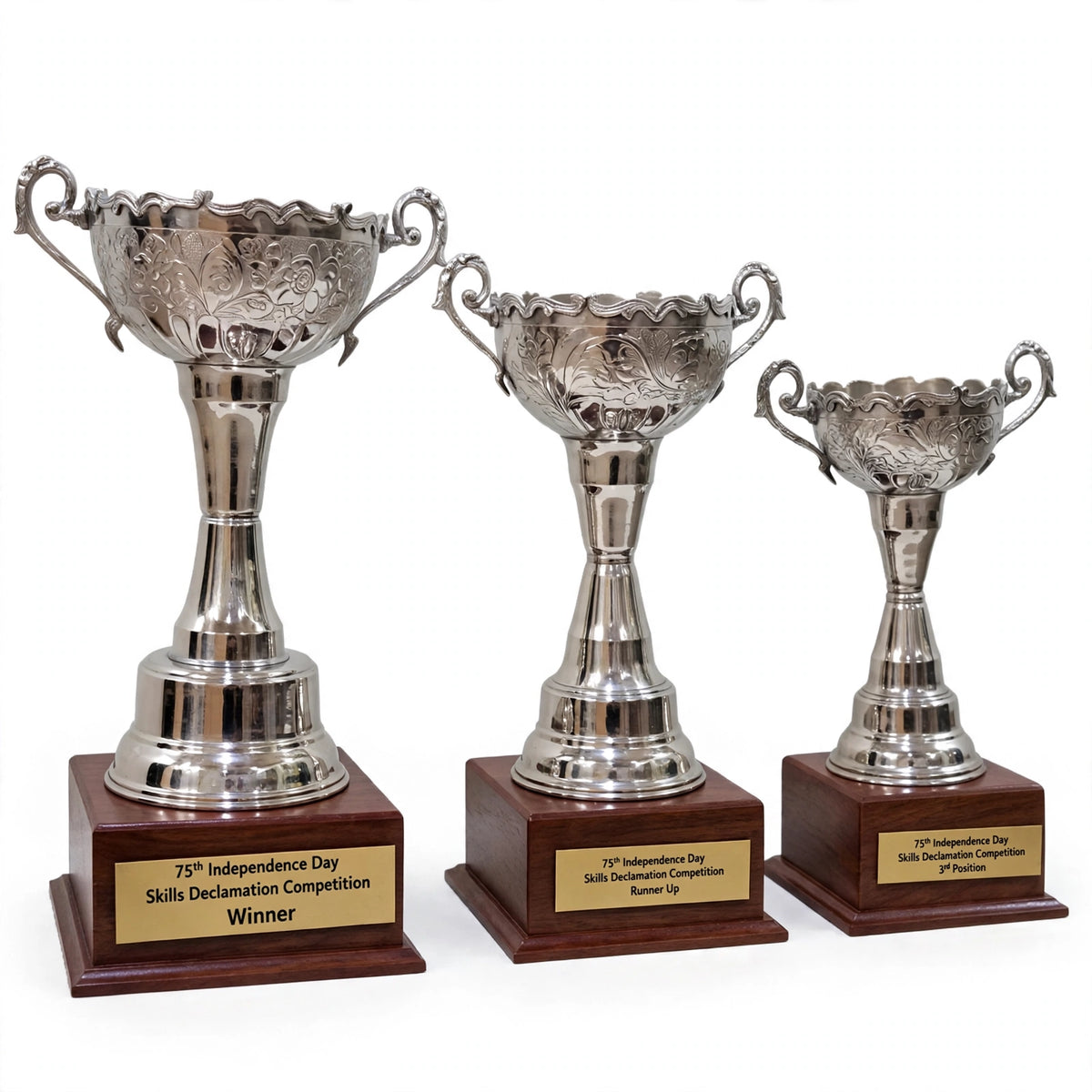 Personalized Silver Cup Trophy Set of 3 β Winner, Runner-Up & 2nd Runner-Up | Pakistan