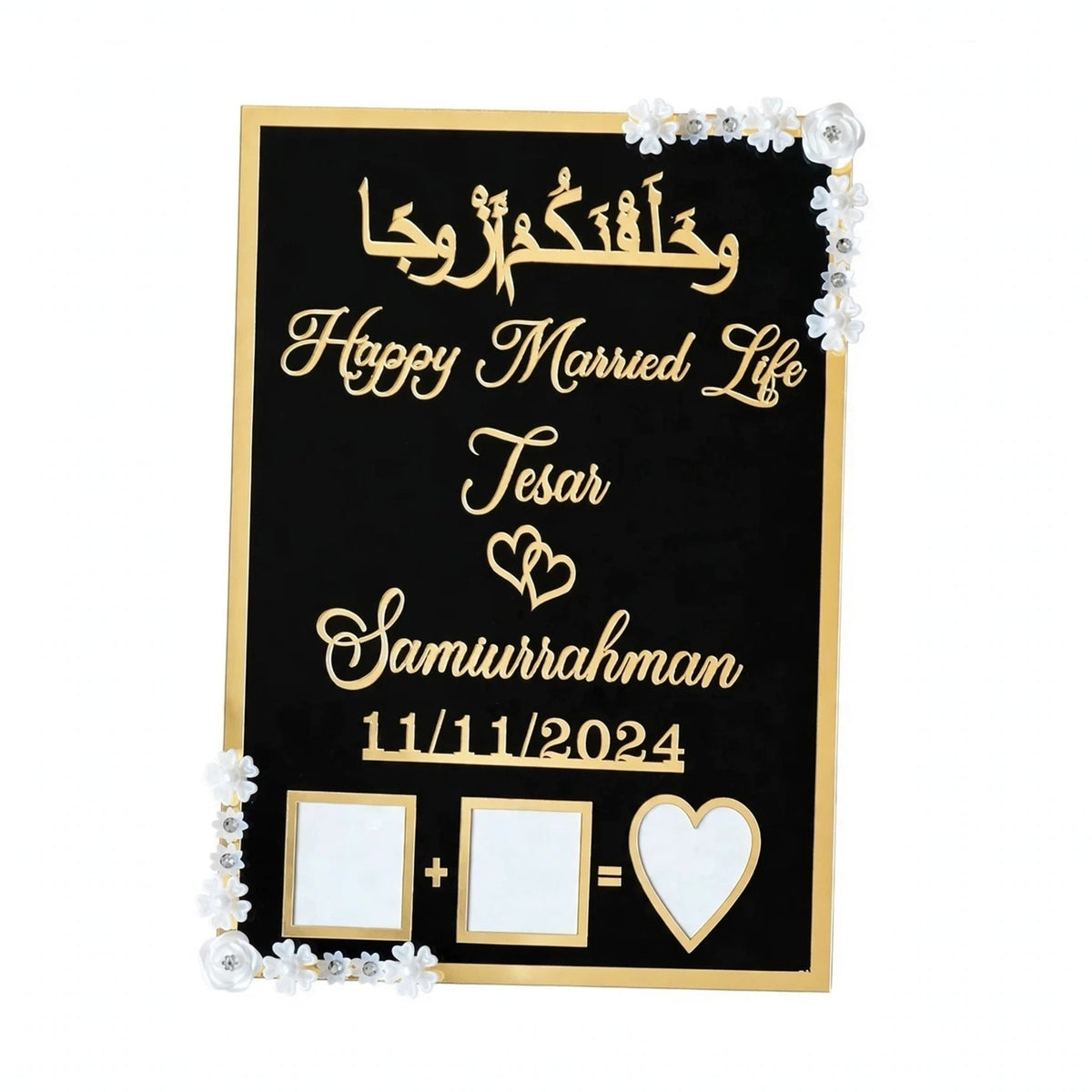 Custom Black & Gold Acrylic Thumbprint Plaque – Happy Married Life Wedding Frame