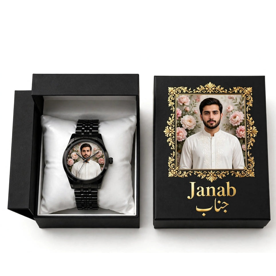 Customized Photo Watch for Men – Black Chain | Personalized Photo Gift Box with Floral Background