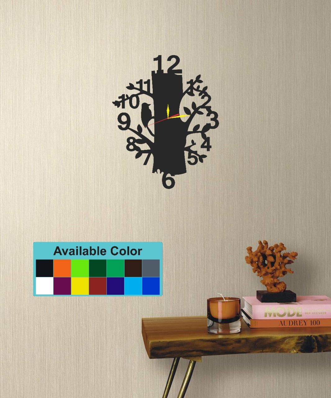 Modern Wall Clock, A Tree, Branches, and Birds, Laser Cut 3D Design Wall Clock