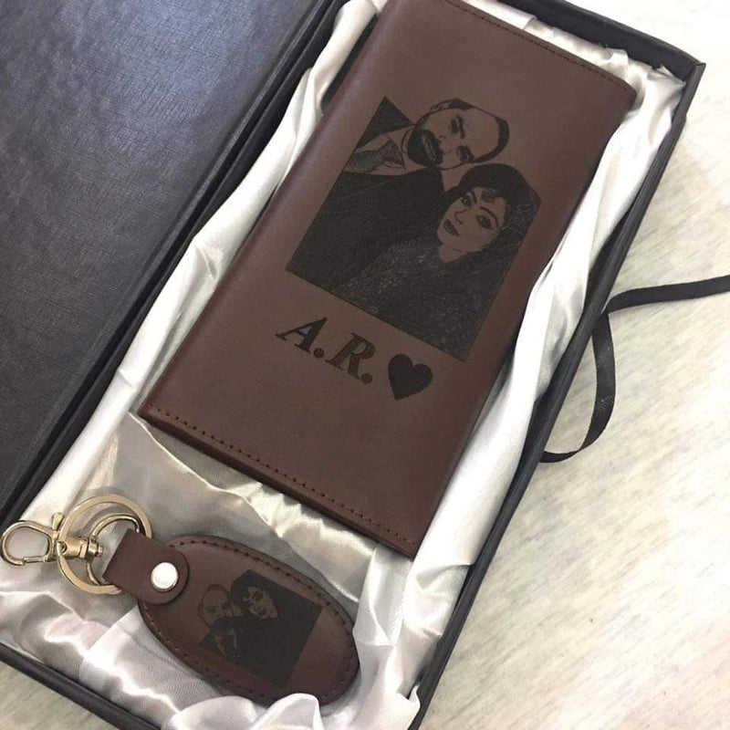 Personalized Wallet and Keychain Set Custom Engraved Picture, Name For Men and Women With Gift Box!  - In Brown