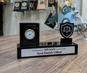 Custom Acrylic Logo Pen Holder & Table Name Plate with Clock