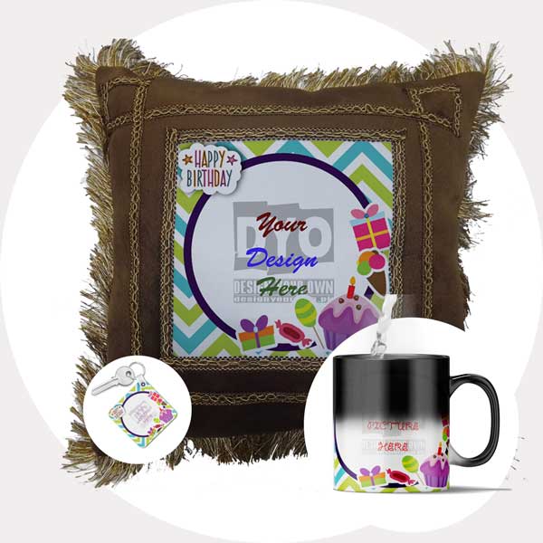 Birthday Gift Gift Combo Pack (Cushion + Magic Mug + Keychain)