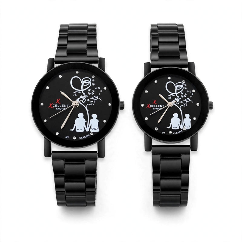 Couple Watches for Him & Her – Romantic Silhouette Heart Balloon Design with Black Chain