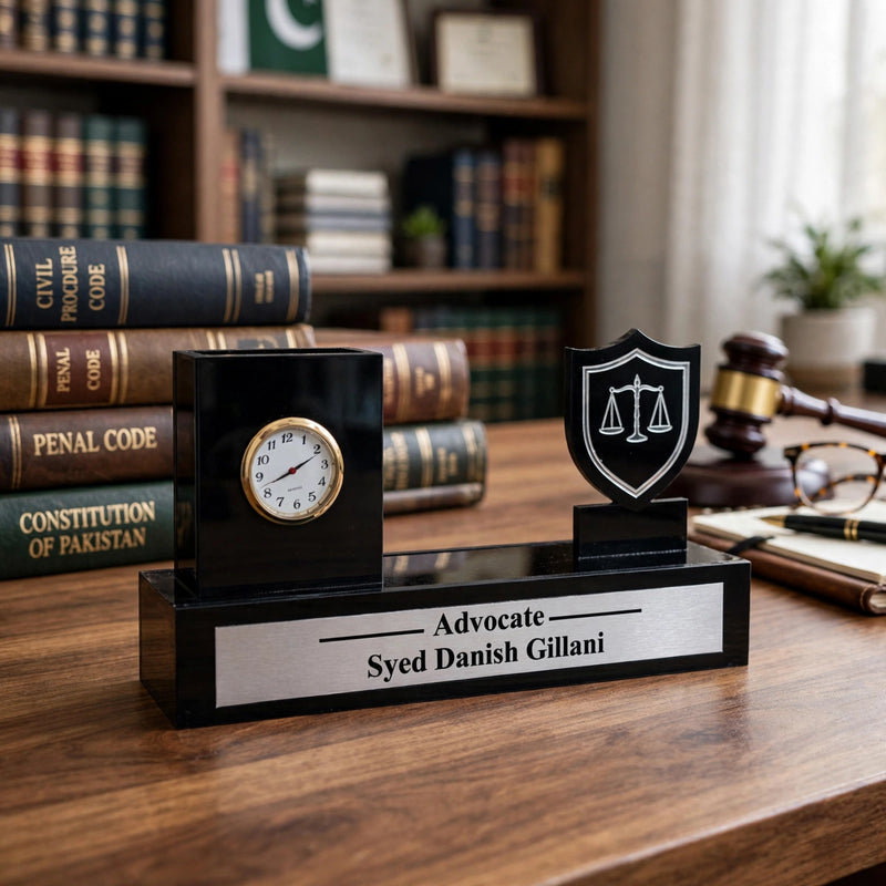 Custom Acrylic Logo Pen Holder & Table Name Plate with Clock