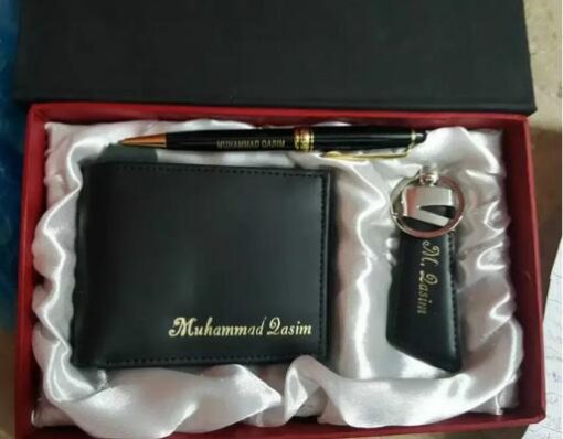 Customized Name Wallet + Pen + Keychain With Gift Box - In Black Color