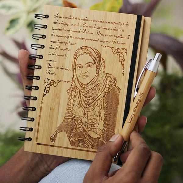 Customized Engraved Wooden Picture Or Name Diary And Pen - With Gift Box