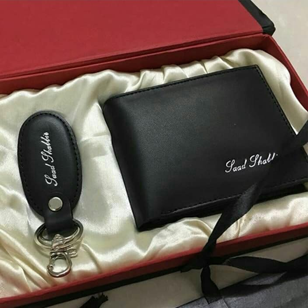Customized Name Wallet + Keychain With Gift Box - In Black Color