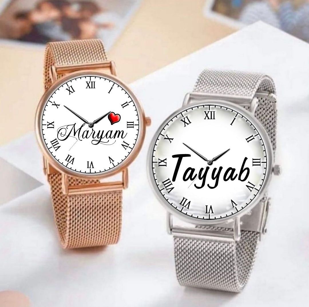 Customized Couple Hand Watches Set – 2 Pcs Personalized Wrist Watches with Display Stand