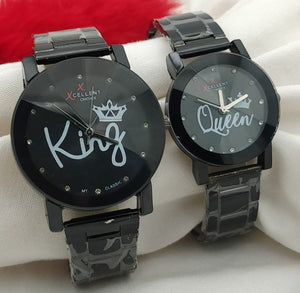 Customized Couple Metal Chain Hand Watches – Black Pair | Personalized His & Hers Watches with Stand