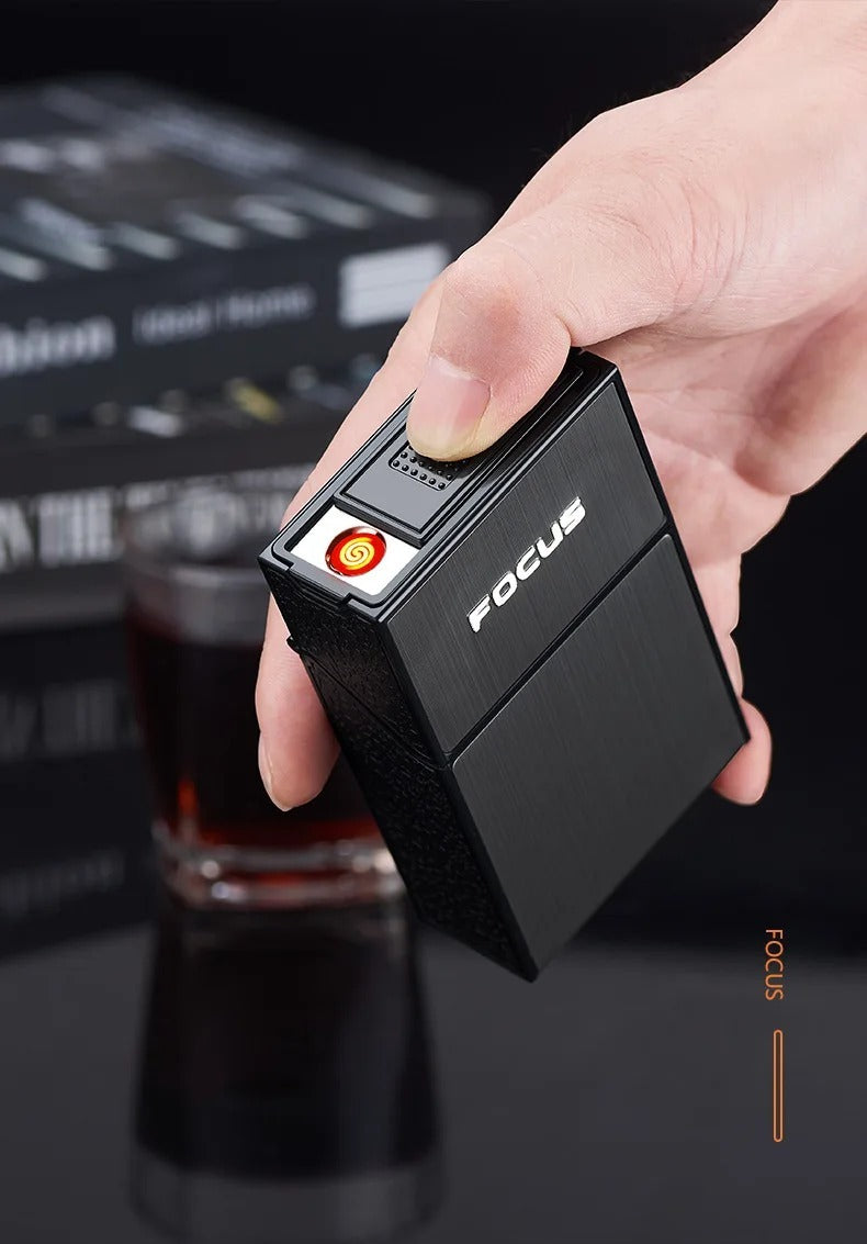 Pop-Up Cigarette Case with Electric Lighter – Black Square Button Model