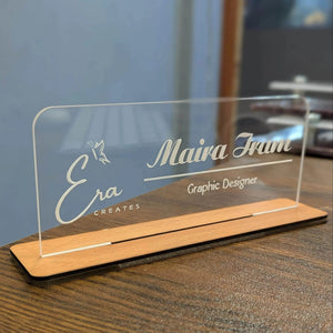 Custom Acrylic Desk Name Plate with Wooden Base – Personalized Office Table Sign