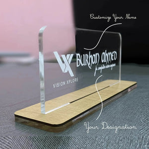 Custom Acrylic Desk Name Plate with Wooden Base – Personalized Office Table Sign