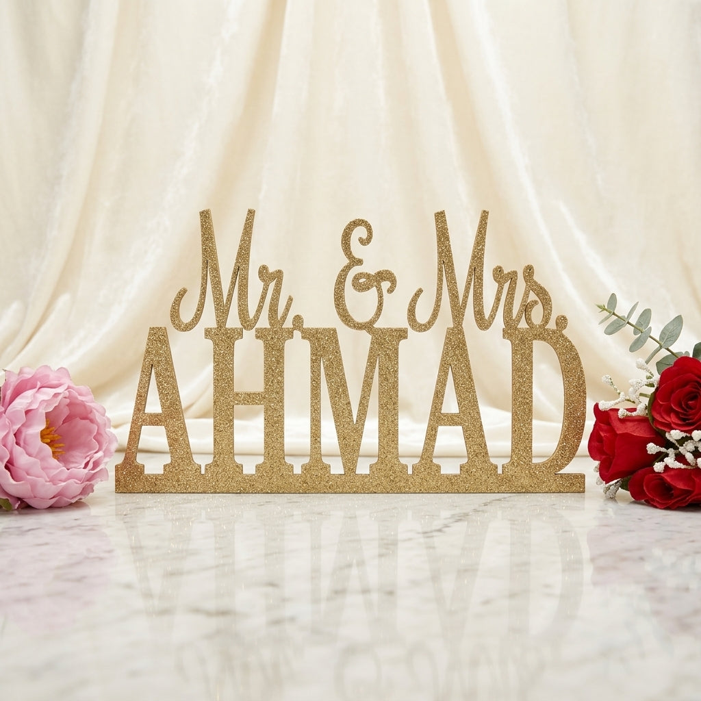 Mr & Mrs Custom Wedding Name Sign – Golden Foil Acrylic | Wedding Gift Pakistan