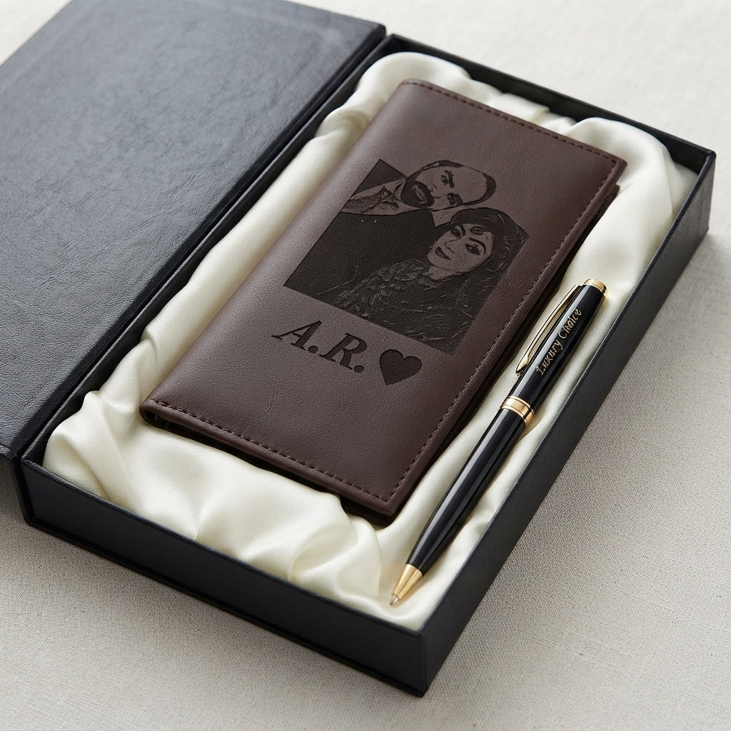 Personalized Long Wallet & Pen – Custom Photo & Name Brown Gift Box | Pakistan