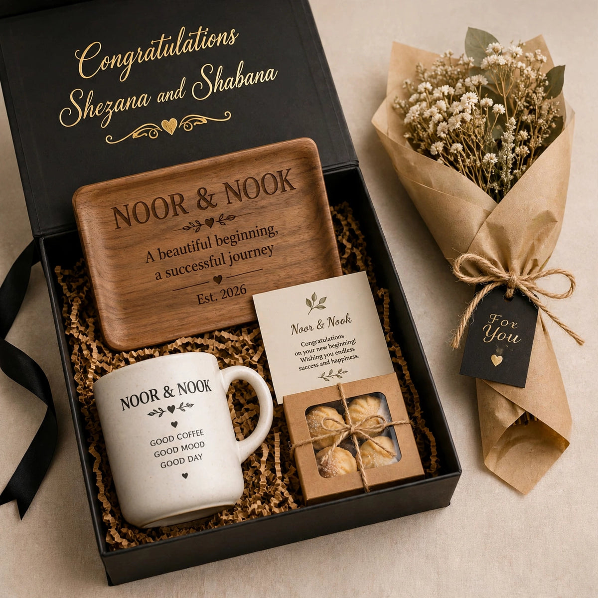 Customized Gift Box with Engraved Wooden Plate, Mug, Cards & Cookies | DYO