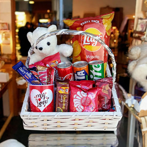 Love & Snacks Gift Basket – Teddy Bear, Chocolates & Treats | Delivery in Islamabad & Rawalpindi Only