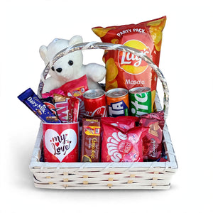 Love & Snacks Gift Basket – Teddy Bear, Chocolates & Treats | Delivery in Islamabad & Rawalpindi Only