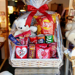 Love & Snacks Gift Basket – Teddy Bear, Chocolates & Treats | Delivery in Islamabad & Rawalpindi Only