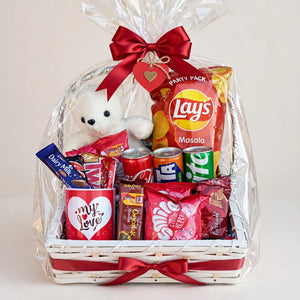 Love & Snacks Gift Basket – Teddy Bear, Chocolates & Treats | Delivery in Islamabad & Rawalpindi Only