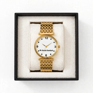 Customized Gold Metal Chain Hand Watch for Men & Women – Personalized Watch with Stand