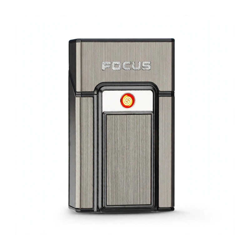 Titanium Grey Metal Cigarette Case with Front Electric Lighter
