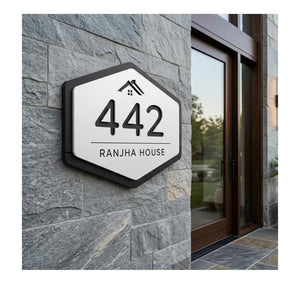 Modern Hexagonal Acrylic House Name Plate – 12×12 Inches | Custom House Number & Name | White & Black Personalized Home Entrance Sign