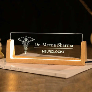 Customized LED Table Sign with Solid Wooden Base – Personalized Name & Logo Desk Light | Office & Business Sign