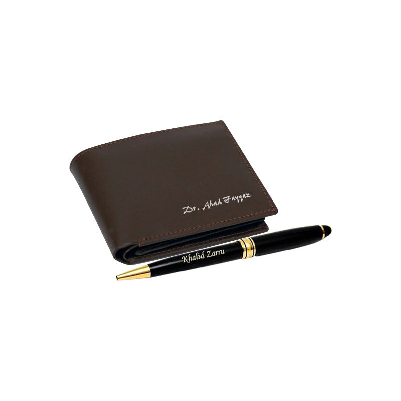 Custom Name, Picture Engraved Wallet and Pen Gift Box For Men - In Brown