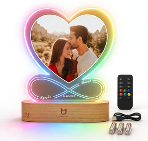 Personalized Infinity Heart Photo LED Lamp with Name & Date | Customized Couple Gif