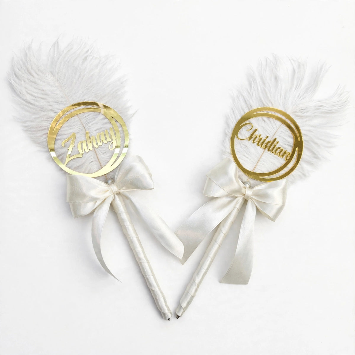 Customized Feather Nikah Pen Set – Gold Acrylic Name Tag with White Bow | Personalized Nikah Signing Pen for Zahay & Christian