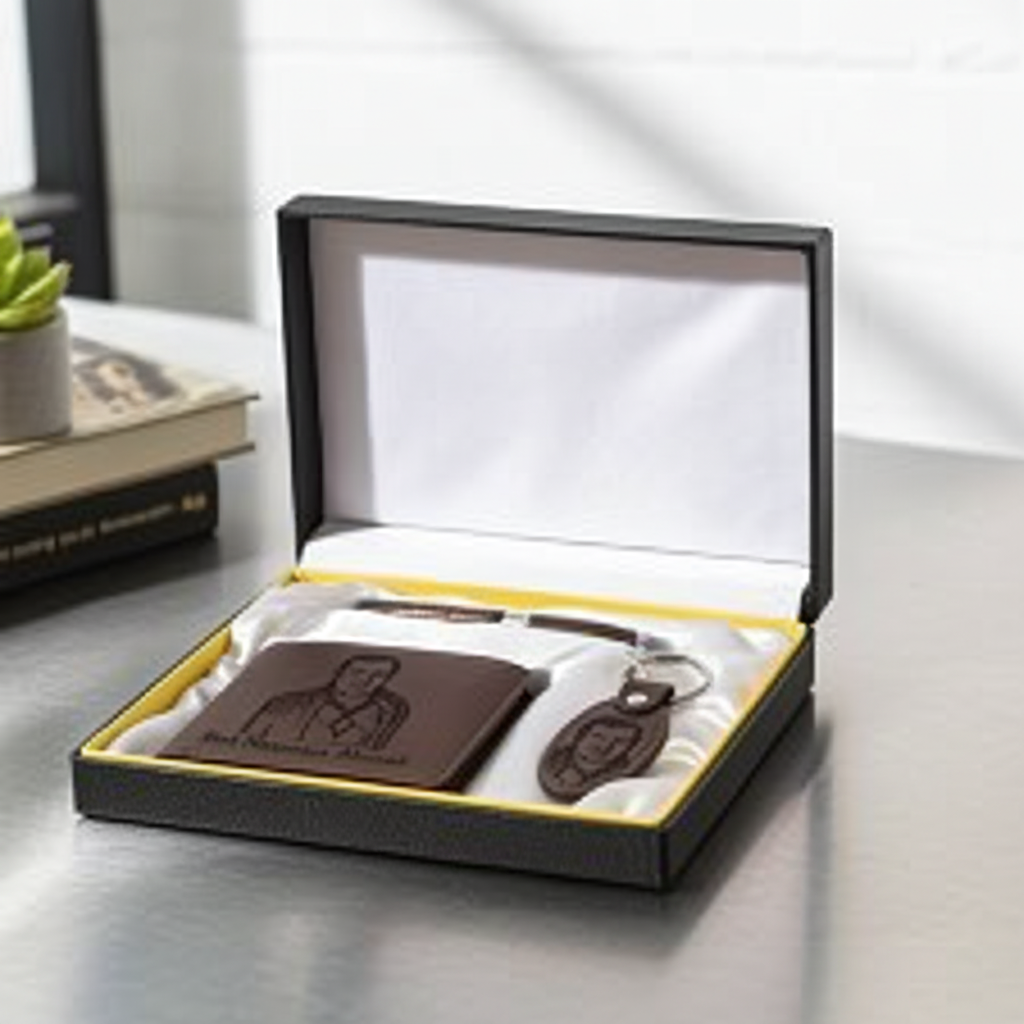 Personalized Gift Box Includes Wallet, Pen, Key chain with Custom Picture & Name Engraved