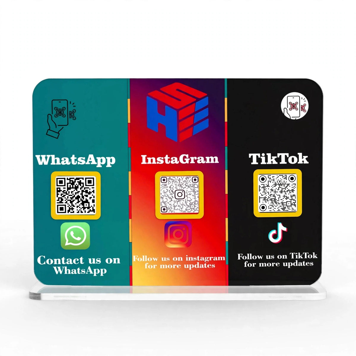 Custom 3-in-1 Social Media QR Code Stand – Acrylic Table Display for Business