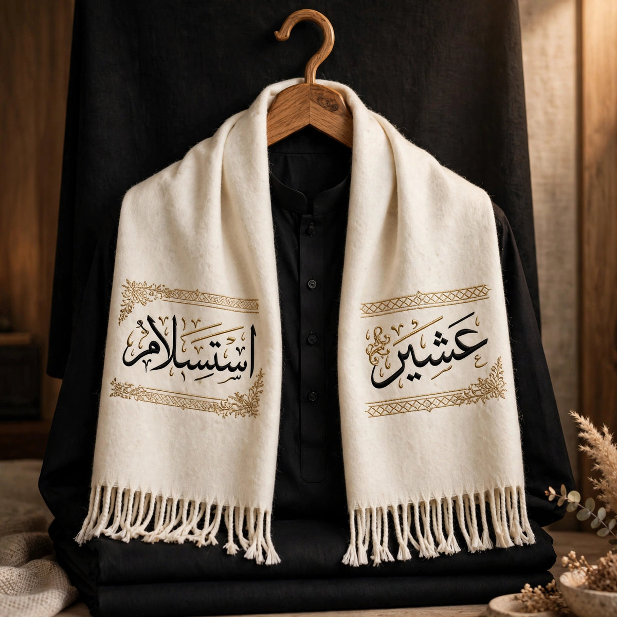 Personalized Men's Off-White Wool Shawl – Custom Arabic Calligraphy Name Embroidery