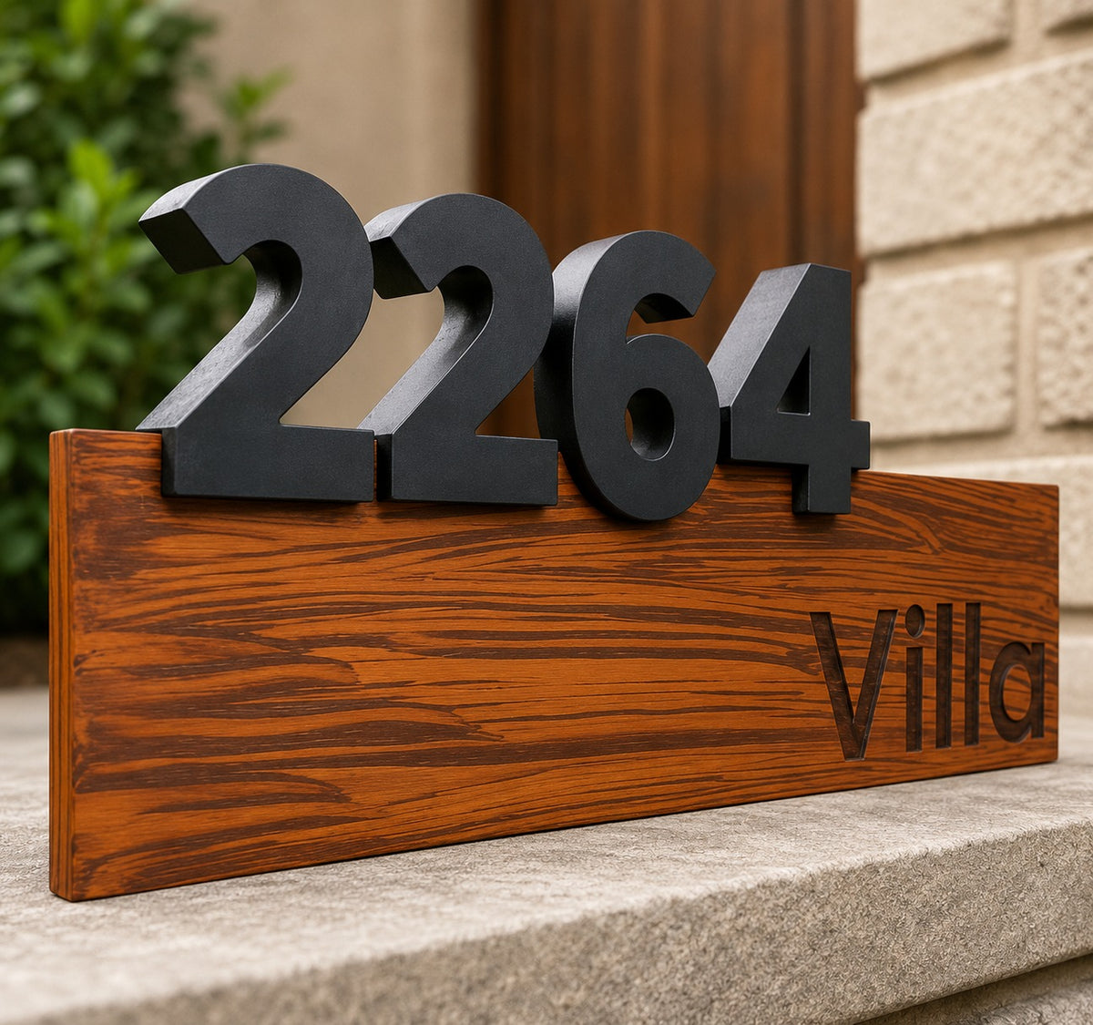 Solid Wooden House Name Plate Engraved With 3D Black Acrylic Text - 12x6 inches